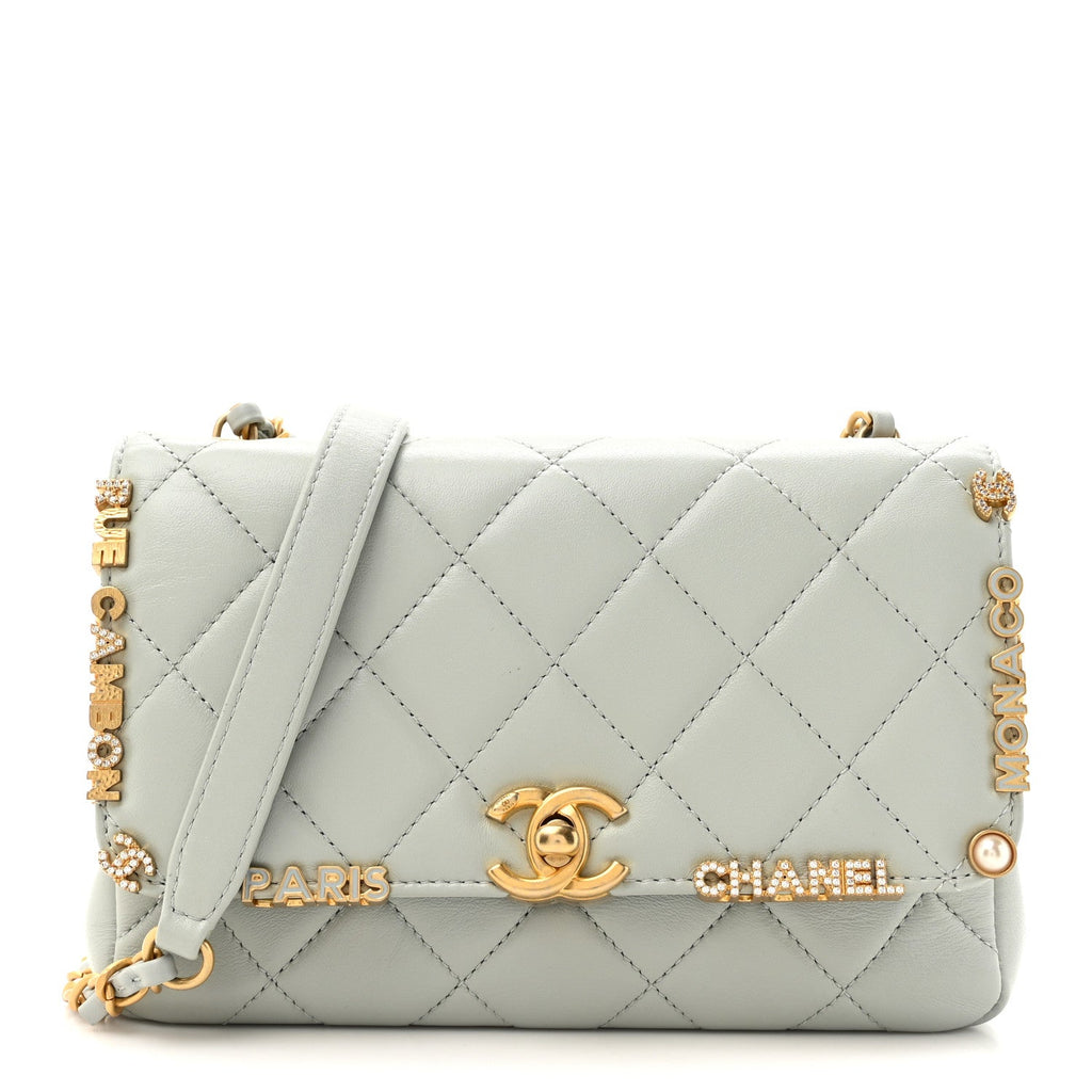 Lambskin Enamel Strass Quilted Mini Paris Monaco Flap Light Grey