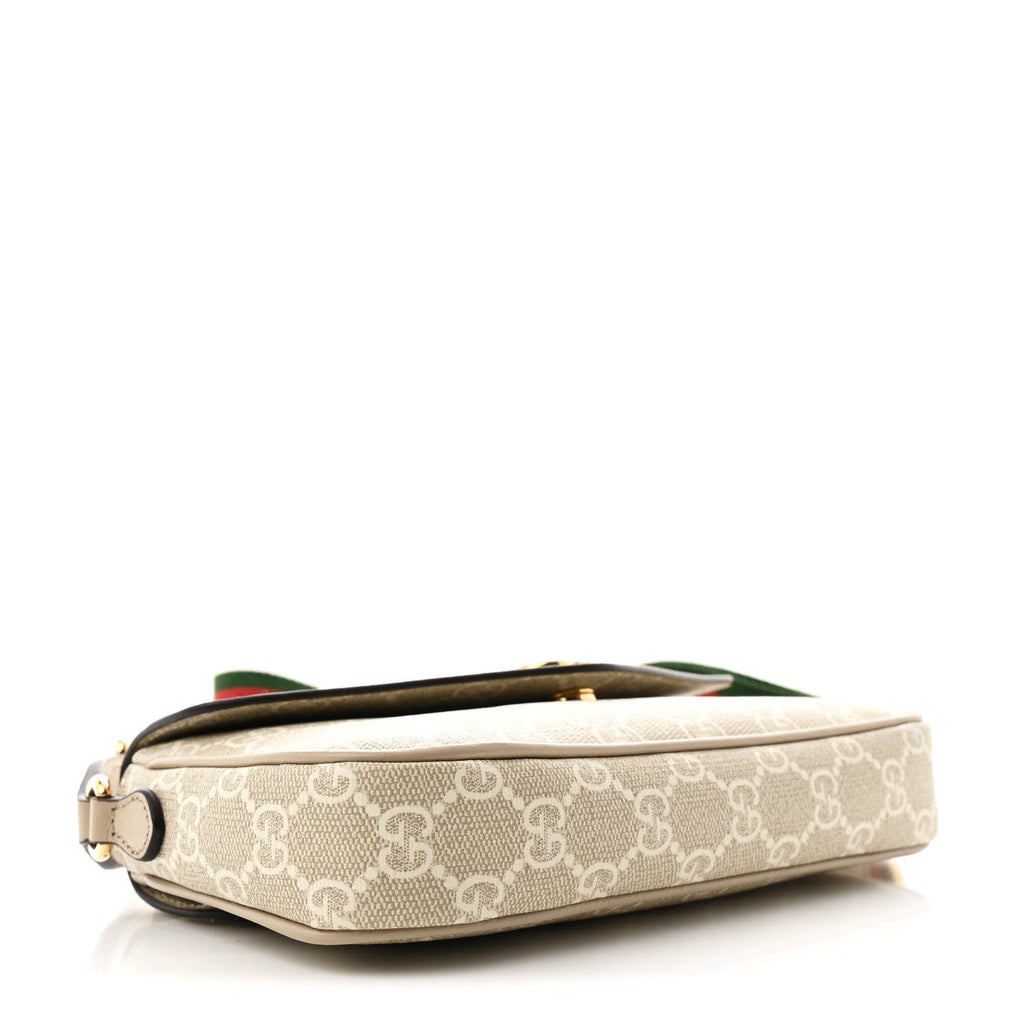 GG Supreme Monogram Textured Dollar Calfskin Web Mini Ophidia Envelope Shoulder Bag Beige Mystic White Oatmeal