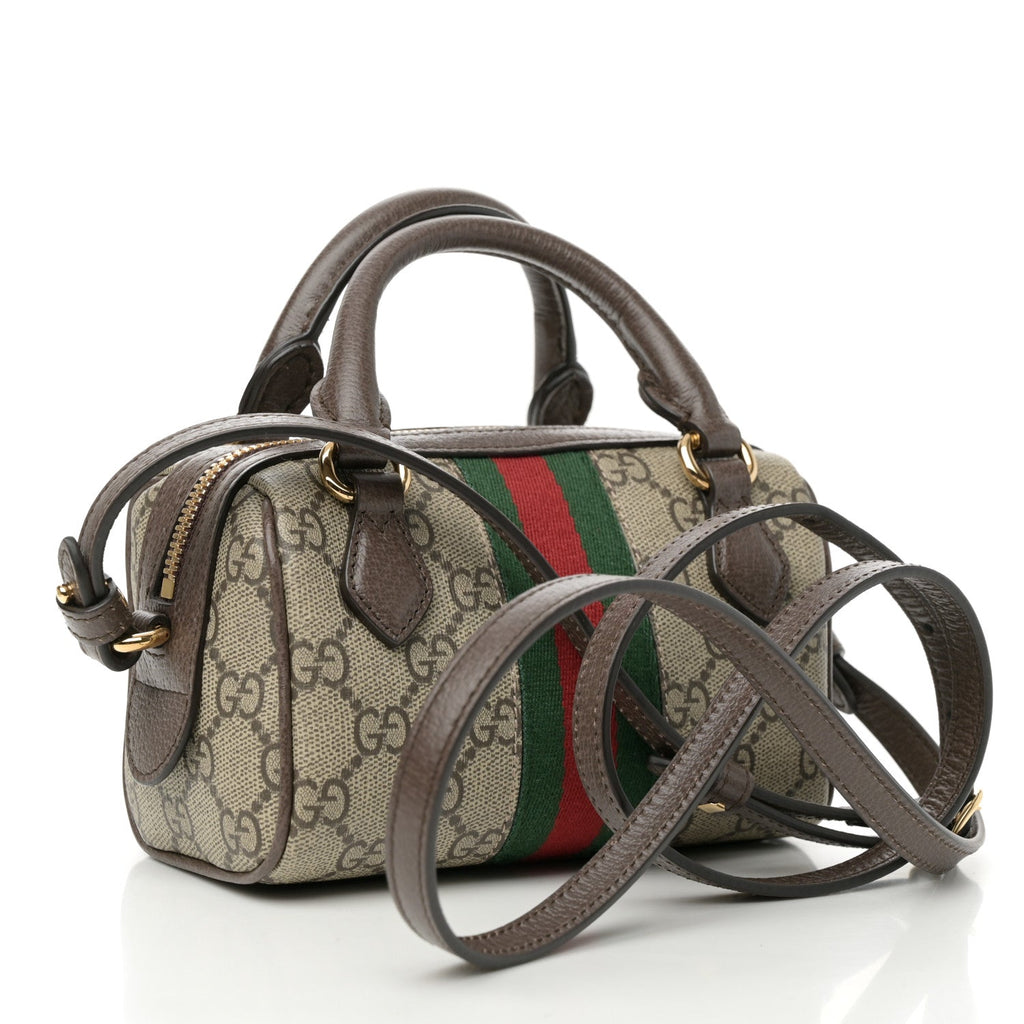 GG Supreme Monogram Textured Dollar Calfskin Web Super Mini Ophidia Top Handle Bowler Bag Beige Ebony New Acero