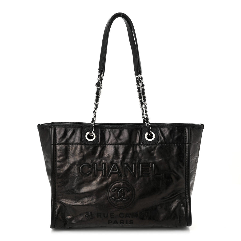 Glazed Calfskin Small Deauville Tote Black