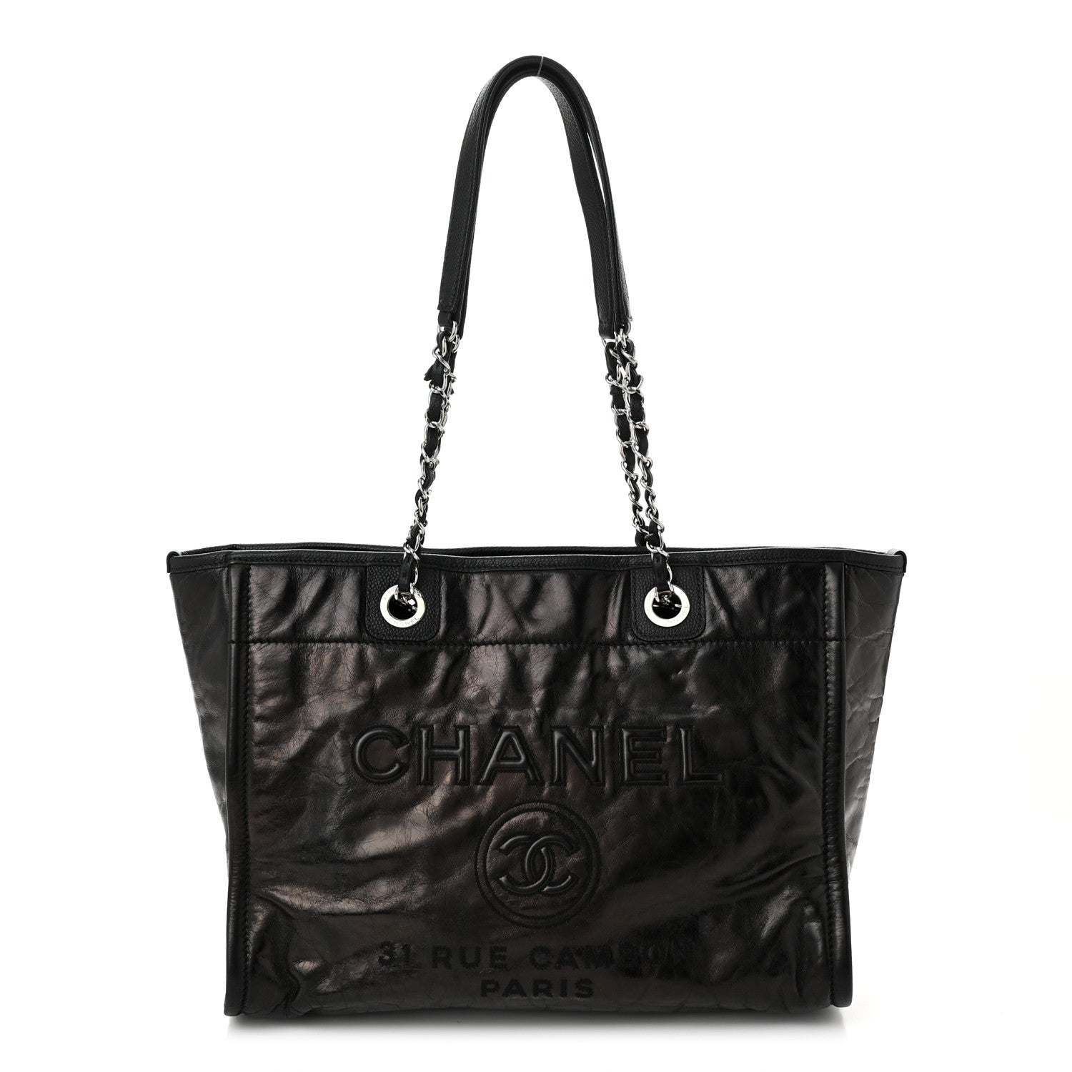 Glazed Calfskin Small Deauville Tote Black