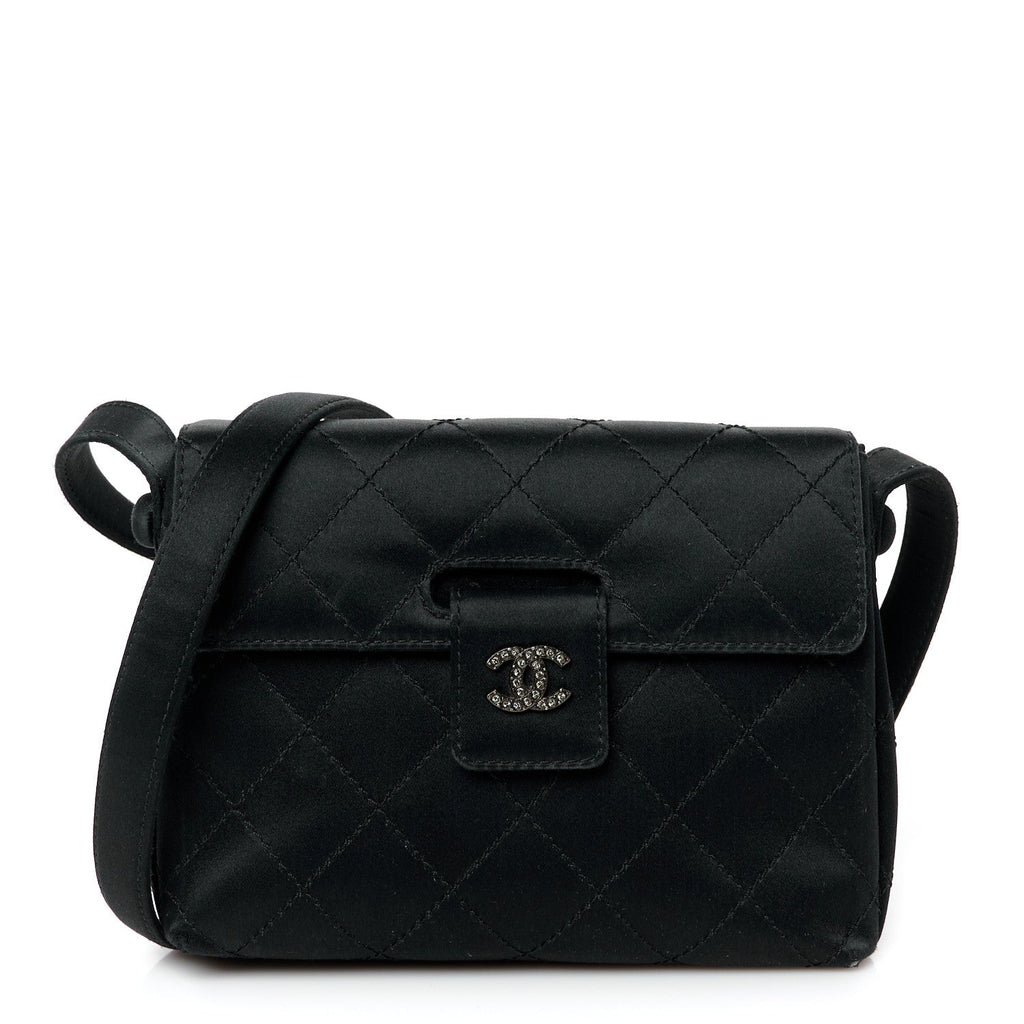 Satin Quilted Crystal CC Mini Square Flap Black