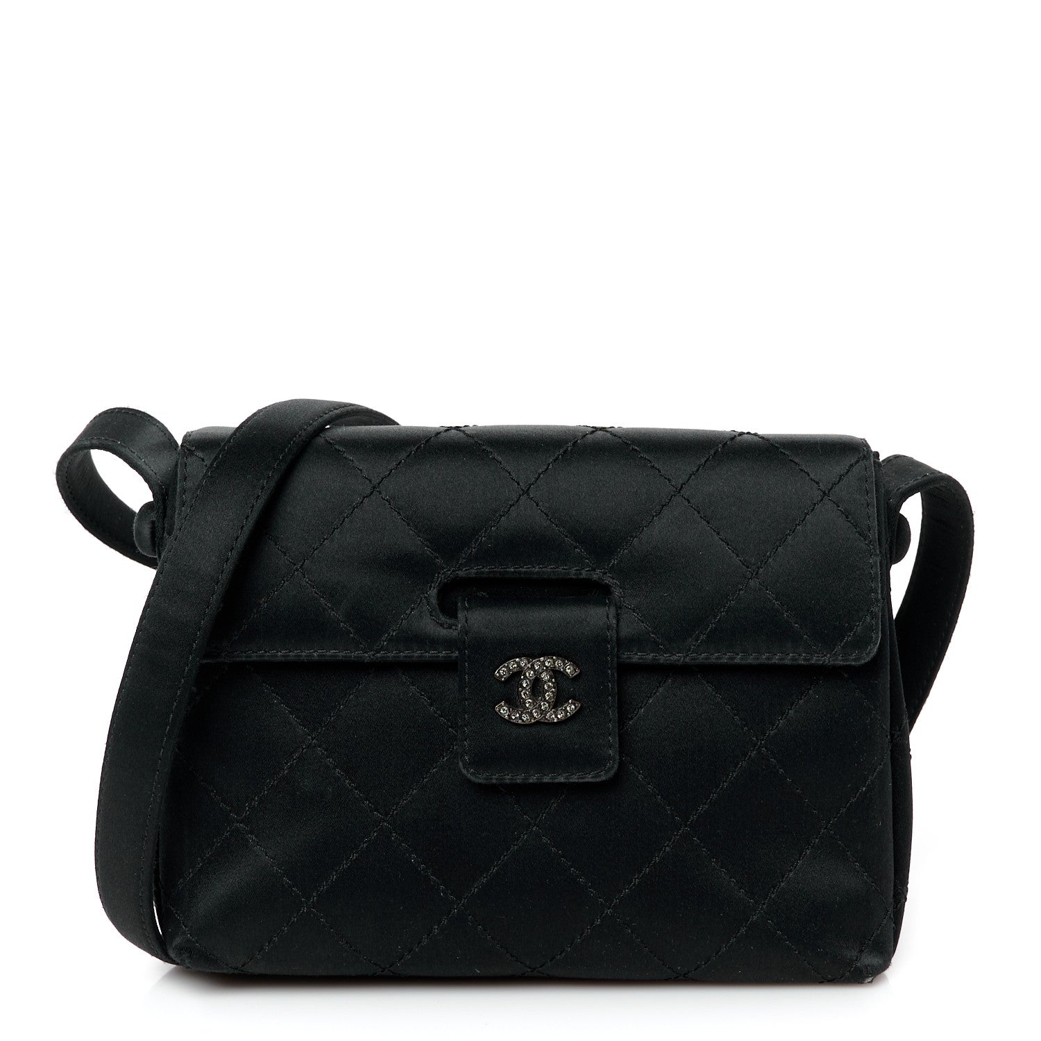 Satin Quilted Crystal CC Mini Square Flap Black