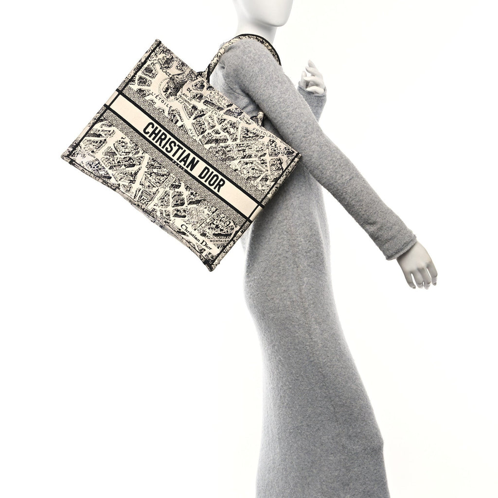 Canvas Embroidered Large Plan De Paris Book Tote White Black