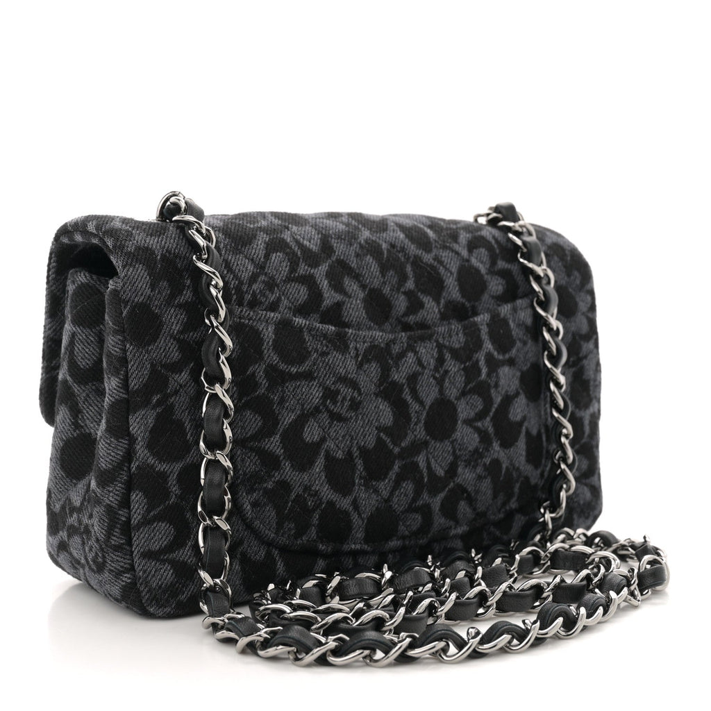 Printed Denim Quilted Flower Mini Rectangular Flap Black