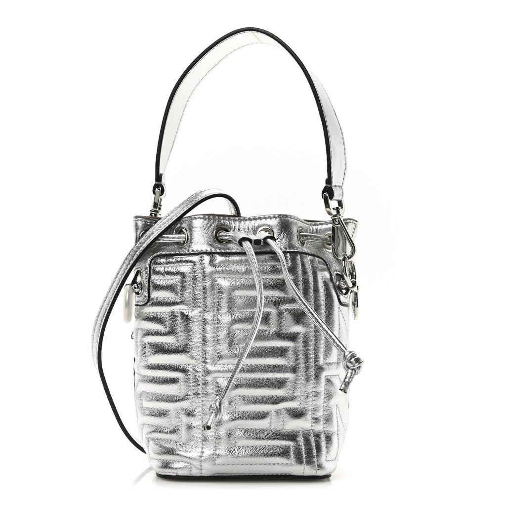 X MARC JACOBS Agnello Laminato Trapunta FF Mini Mon Tresor Bucket Bag Argento
