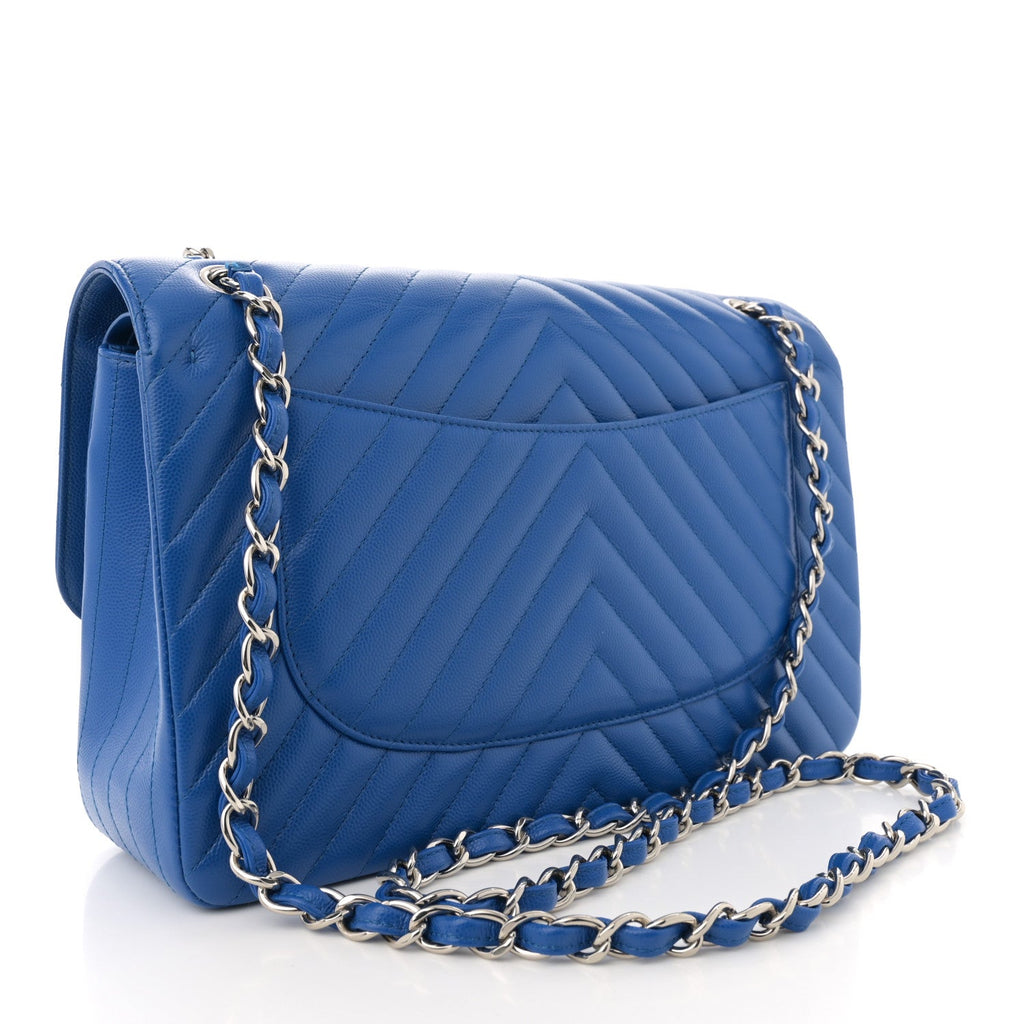 Caviar Chevron Quilted Jumbo Double Flap Blue