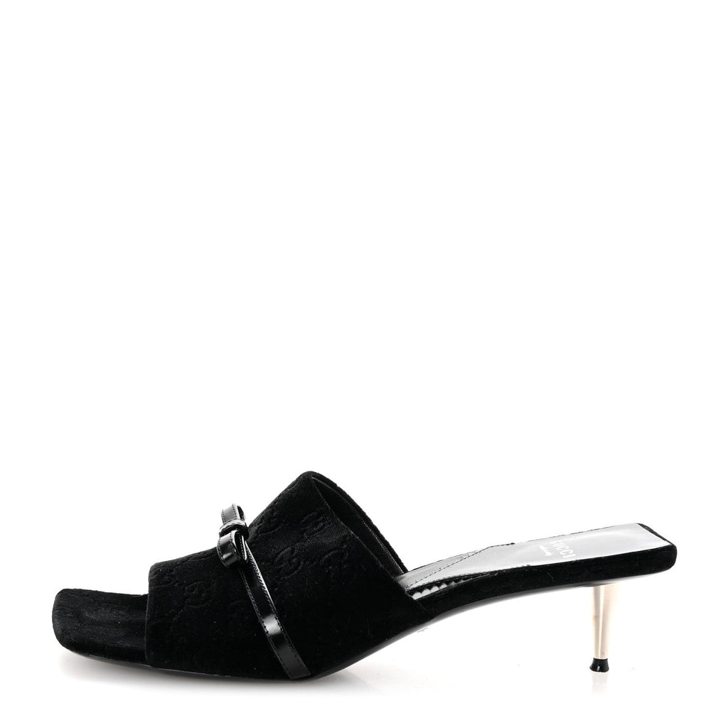 New Velvet Ashmir Regent Calfskin GG Monogram Square Toe Bow 45mm Slide Sandals 39.5 Black