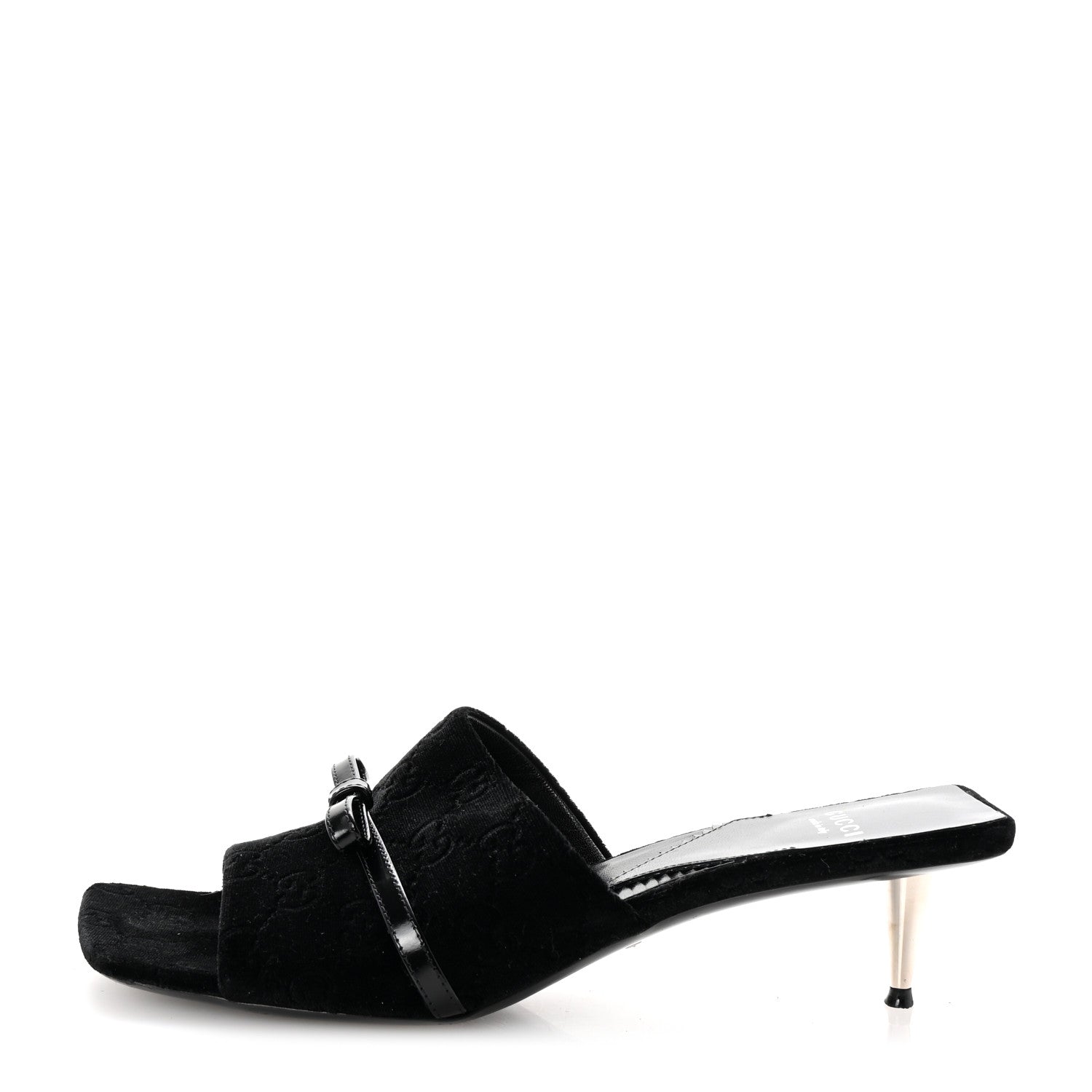 New Velvet Ashmir Regent Calfskin GG Monogram Square Toe Bow 45mm Slide Sandals 39.5 Black