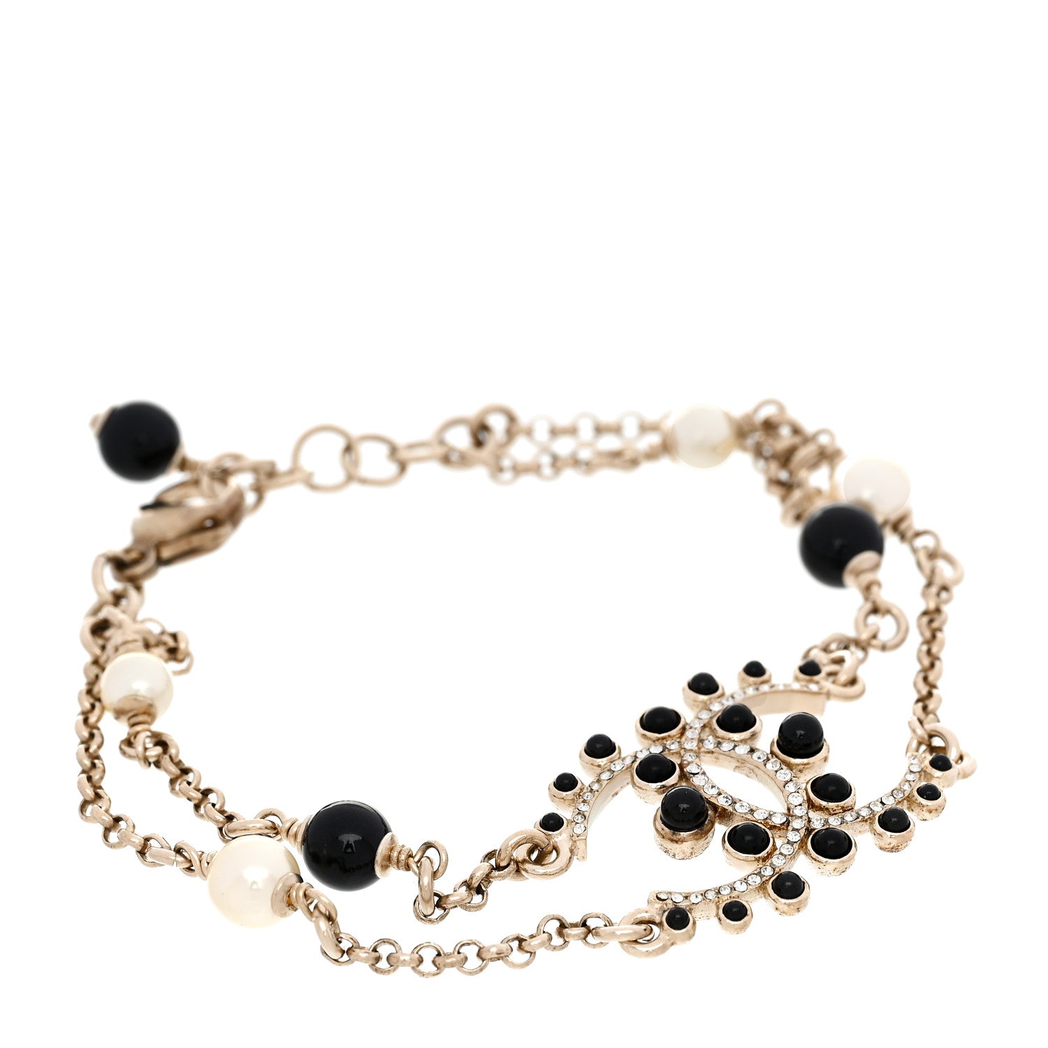Crystal Enamel Pearl CC Bracelet Black Gold