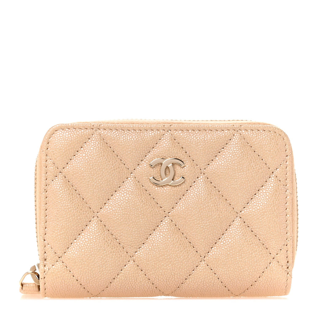 Iridescent Caviar Quilted Zip Around Coin Purse Beige