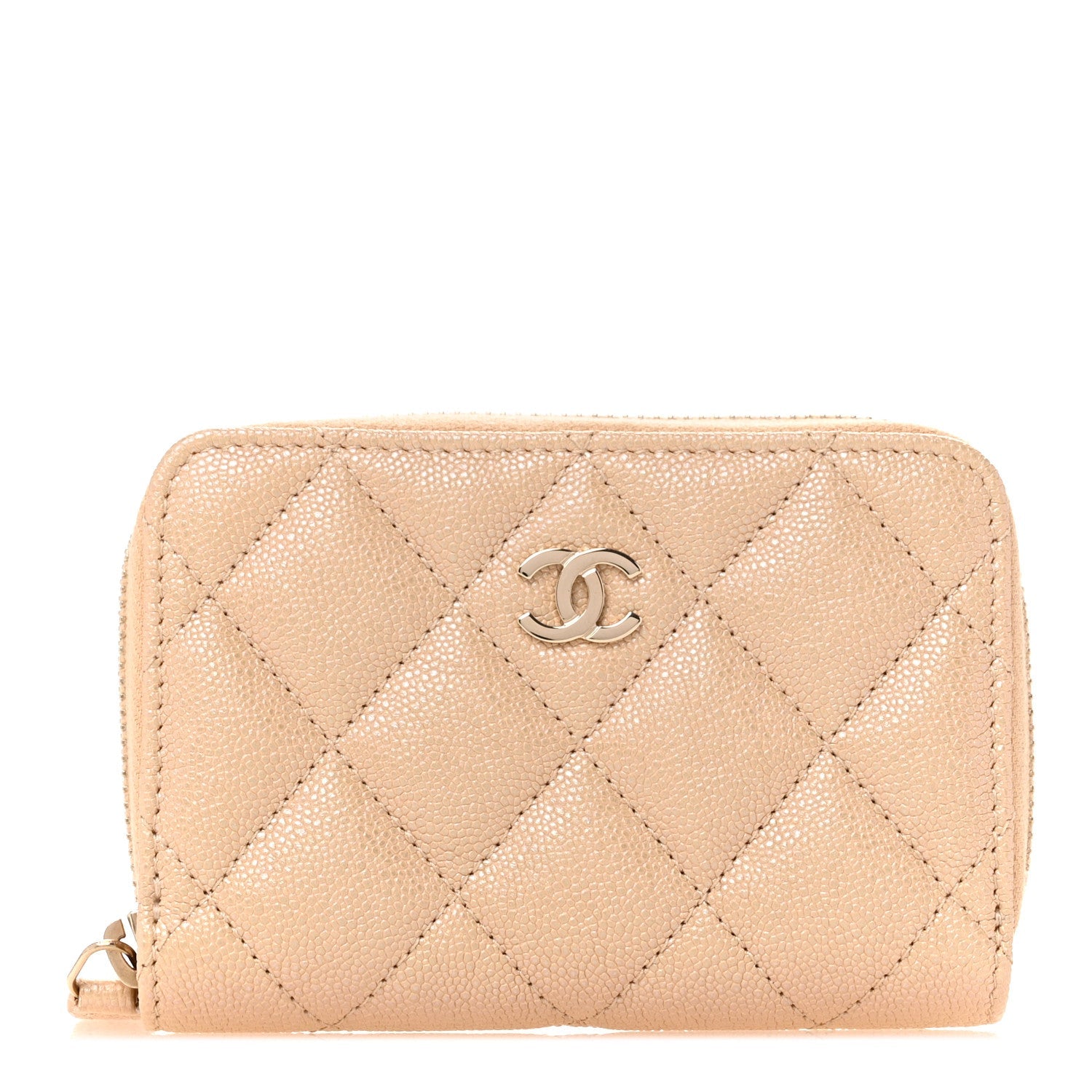 Iridescent Caviar Quilted Zip Around Coin Purse Beige