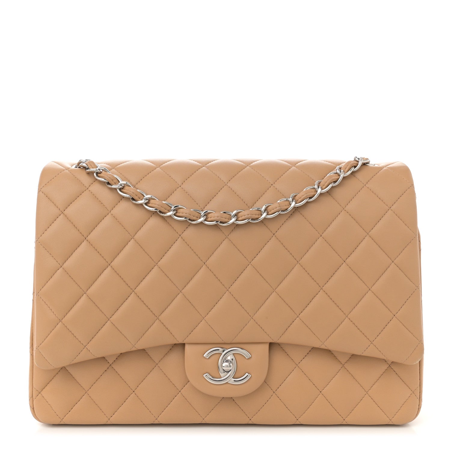 Lambskin Quilted Maxi Double Flap Beige