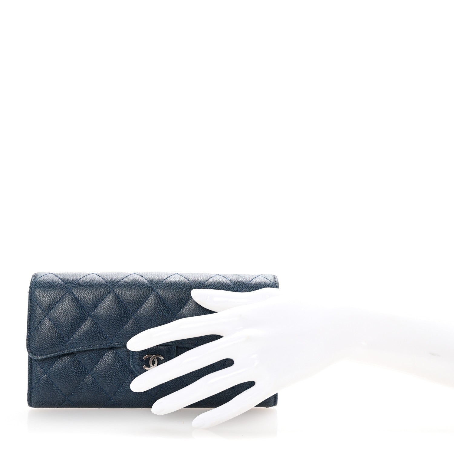 Caviar Quilted Large Gusset Flap Wallet Navy