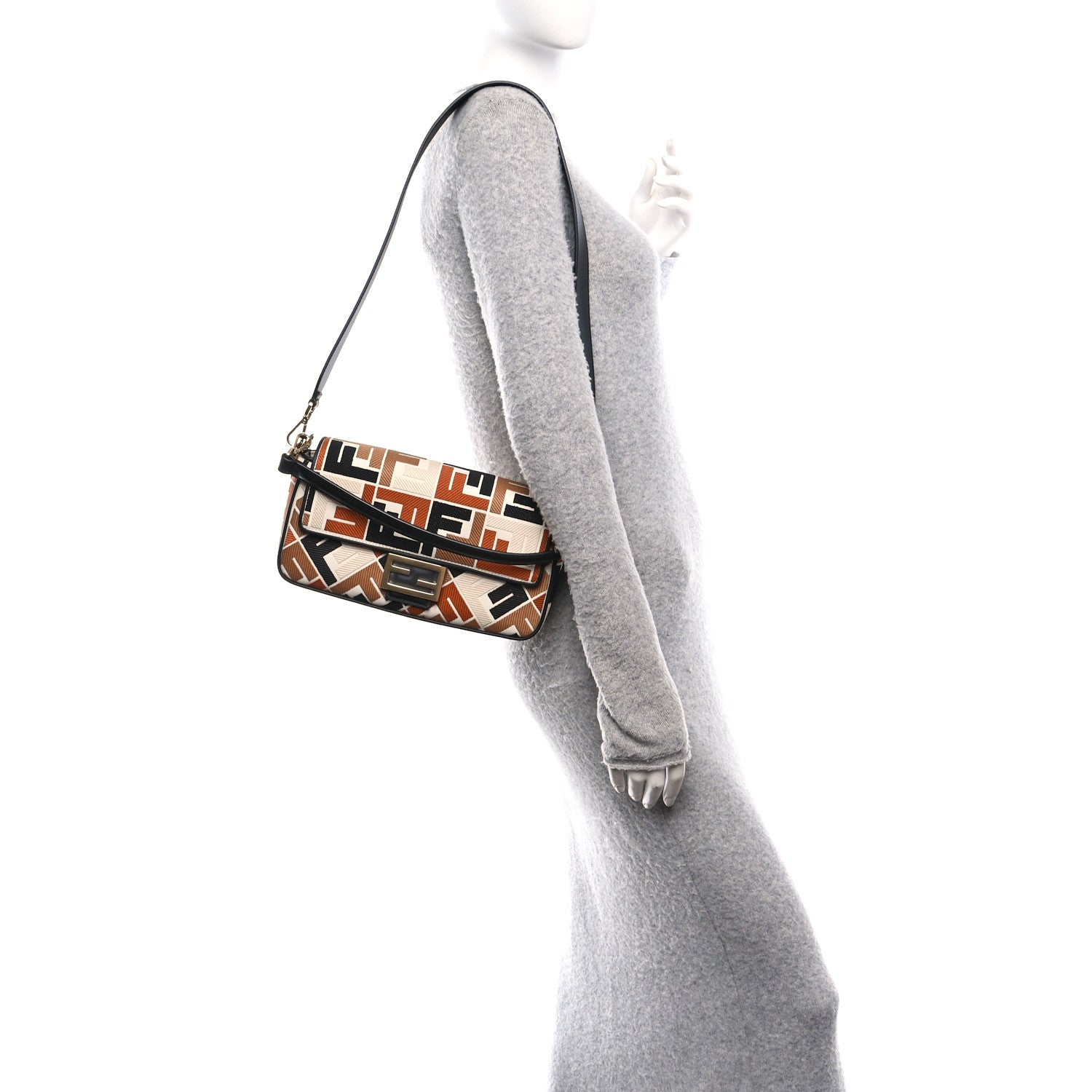 Canvas Vitello Seta FF Multicolor Embroidered Baguette Brandy Black