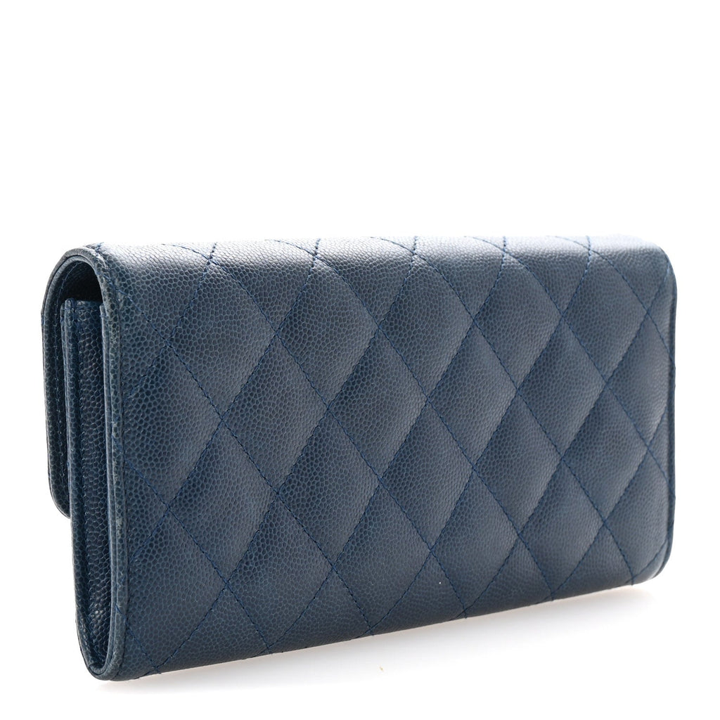 Caviar Quilted Large Gusset Flap Wallet Navy