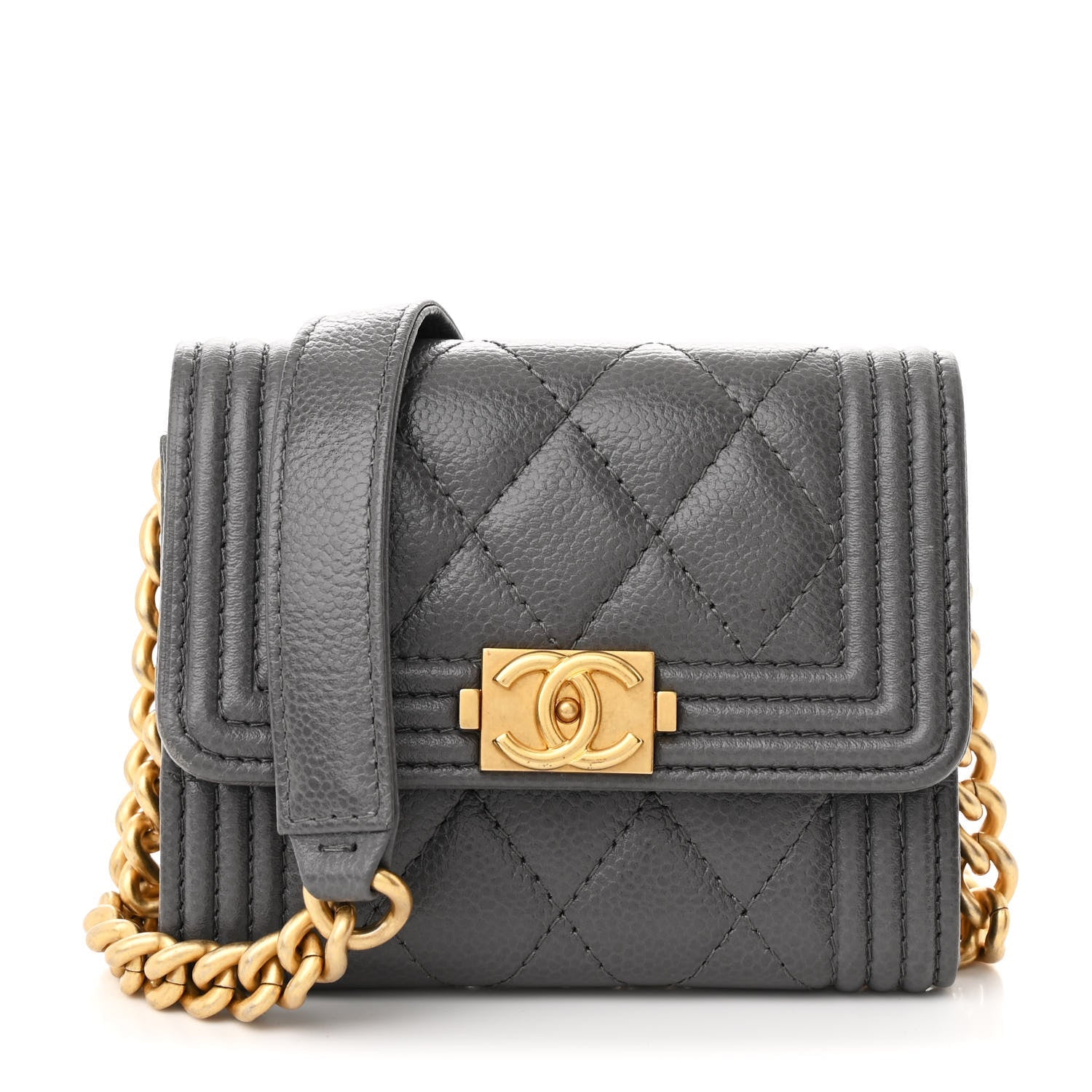 Caviar Quilted Boy  Holder On Chain Grey