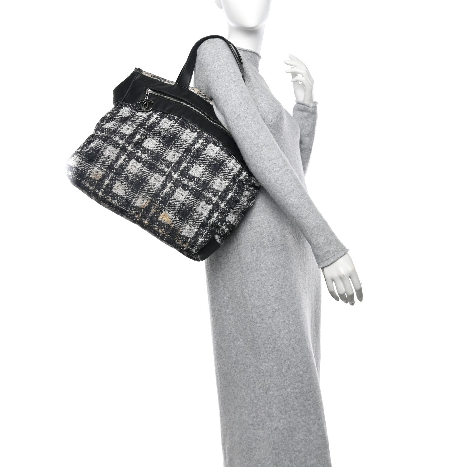Lambskin Nylon Tweed Printed Tote Black White