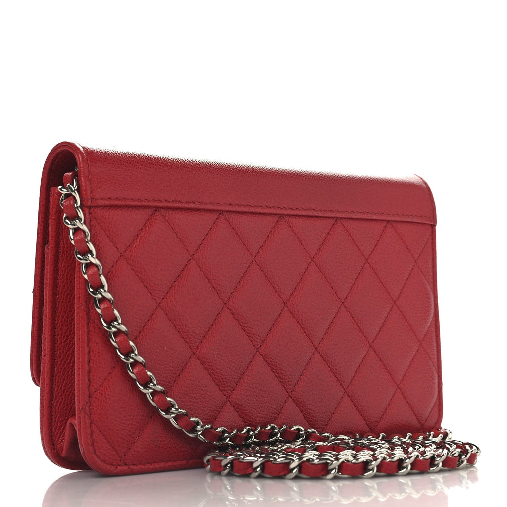 Grained Calfskin Quilted CC Box Wallet On Chain WOC Red
