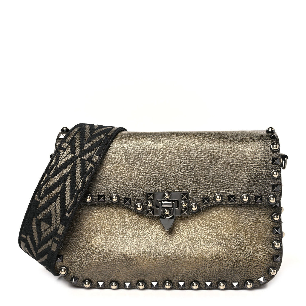 Metallic Grained Calfskin Onyx Medium Guitar Strap Rockstud Rolling Flap Saddle Bag Gold