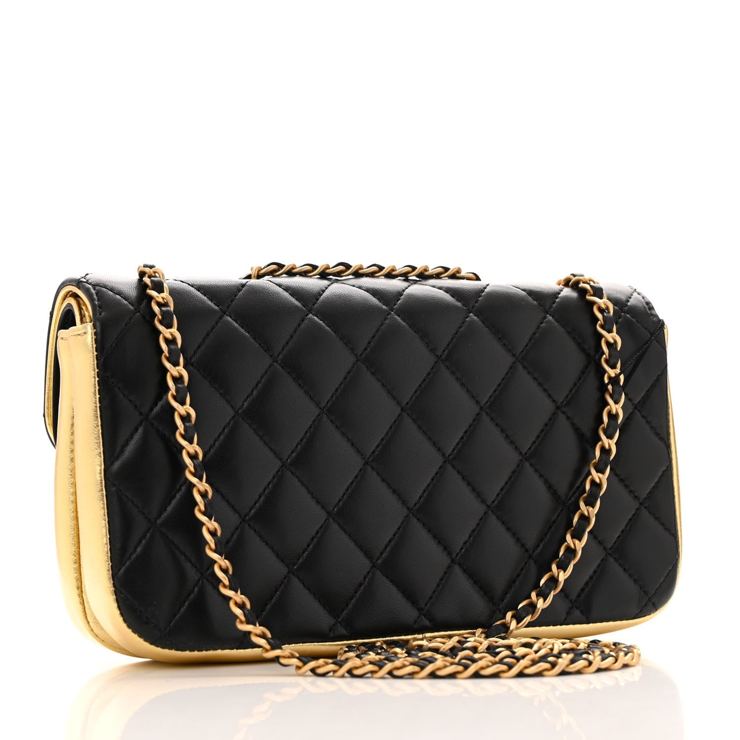 Lambskin Metallic Quilted Small CC Chic Double Flap Black Gold