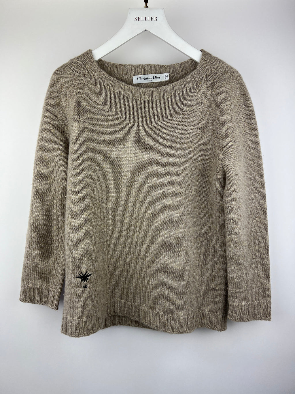 Christian Dior Beige Long Sleeve Cashmere Jumper with Bee Logo Detail Size FR 38 (UK 10)