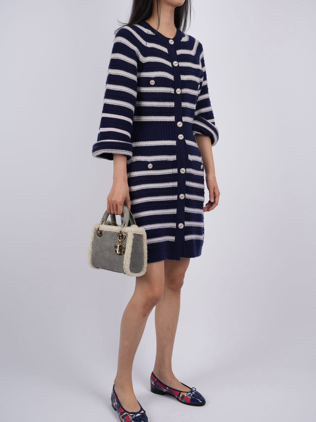 CHANEL cashmere Striped Dress in Navy Blue and White FR 34