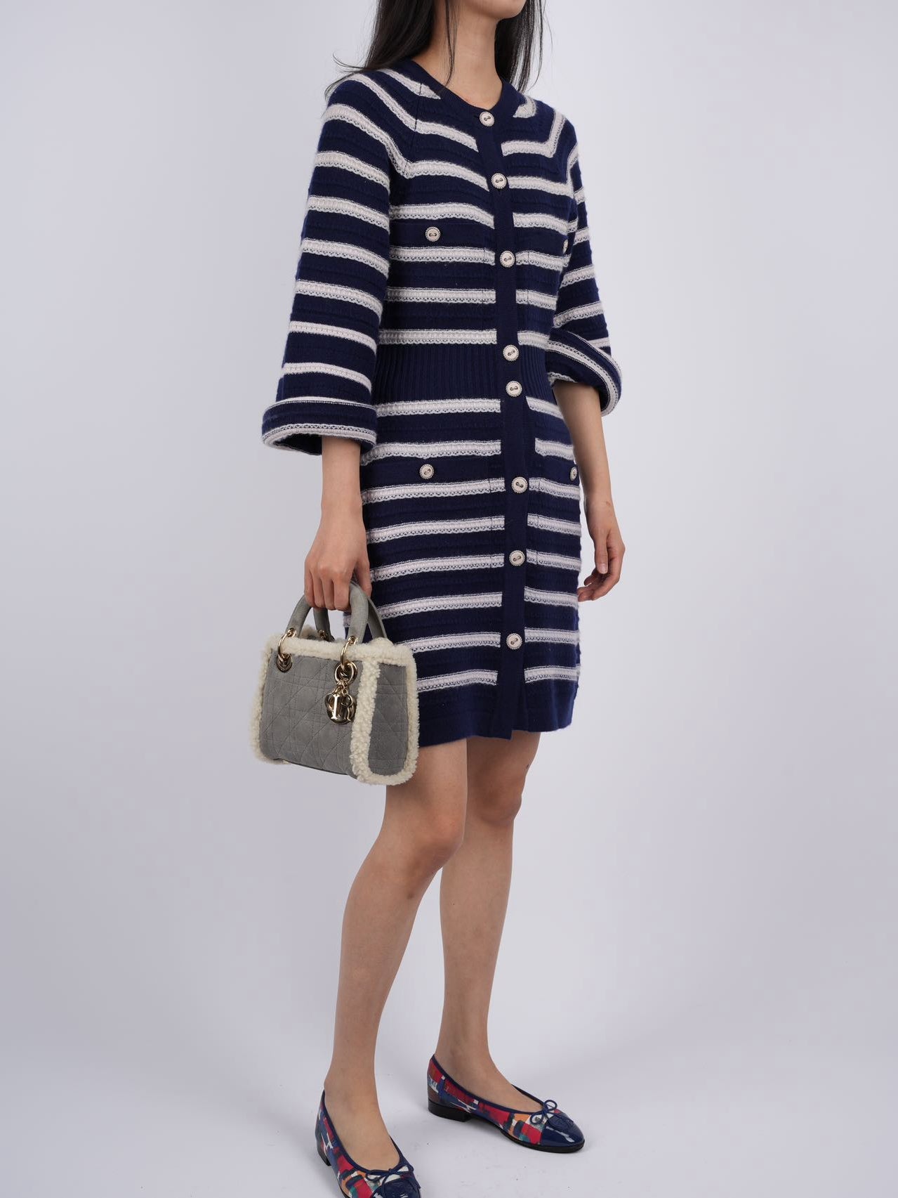 CHANEL cashmere Striped Dress in Navy Blue and White FR 34