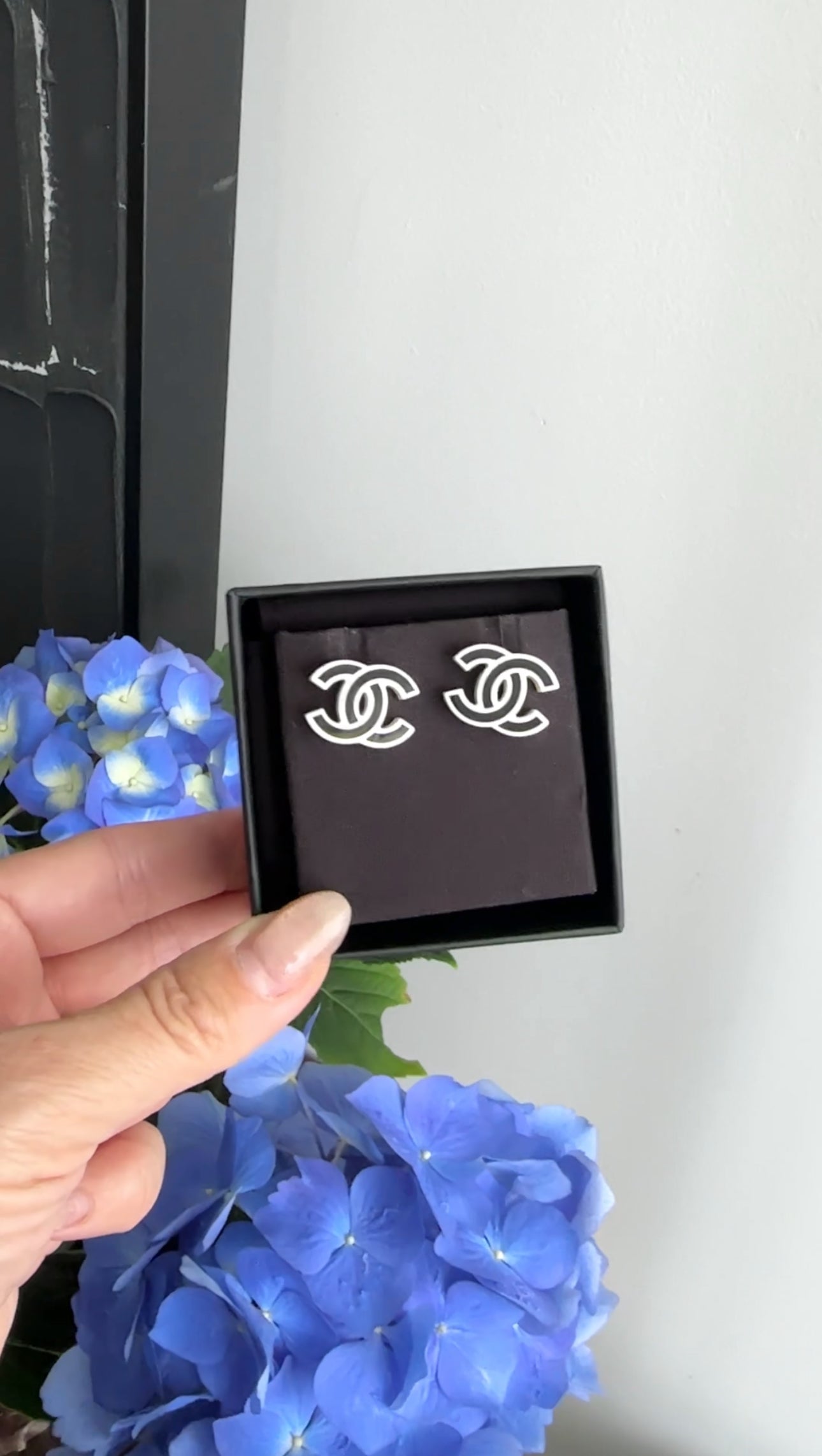 Chanel 22S Black and Ivory Resin CC Stud Earrings