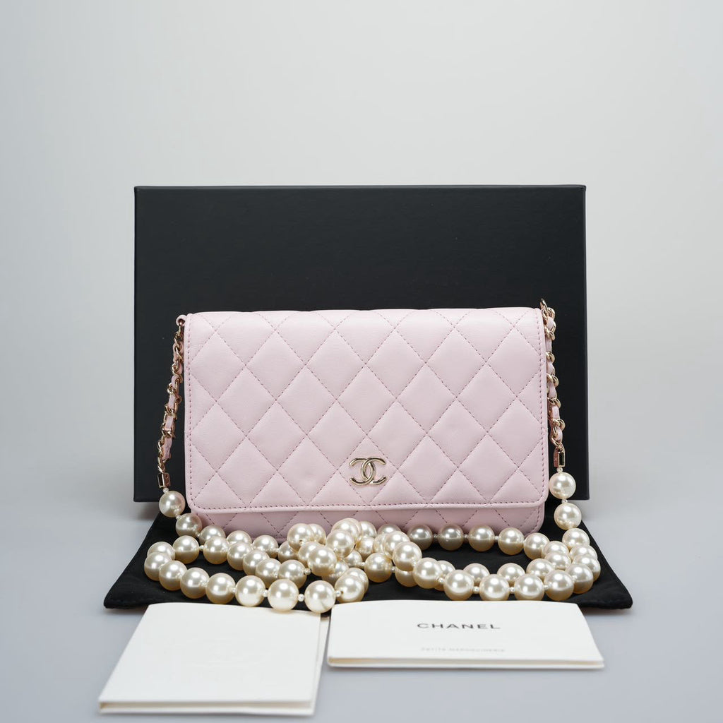 Chanel Baby Pink Wallet on Chain (WOC) in Quilted Lambskin with Pearl Chain – Gold Hardware