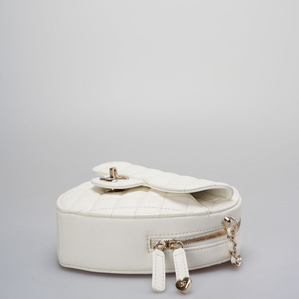 Chanel Big Heart Bag Lambskin Quilted CC In Love Clutch With Chain in White