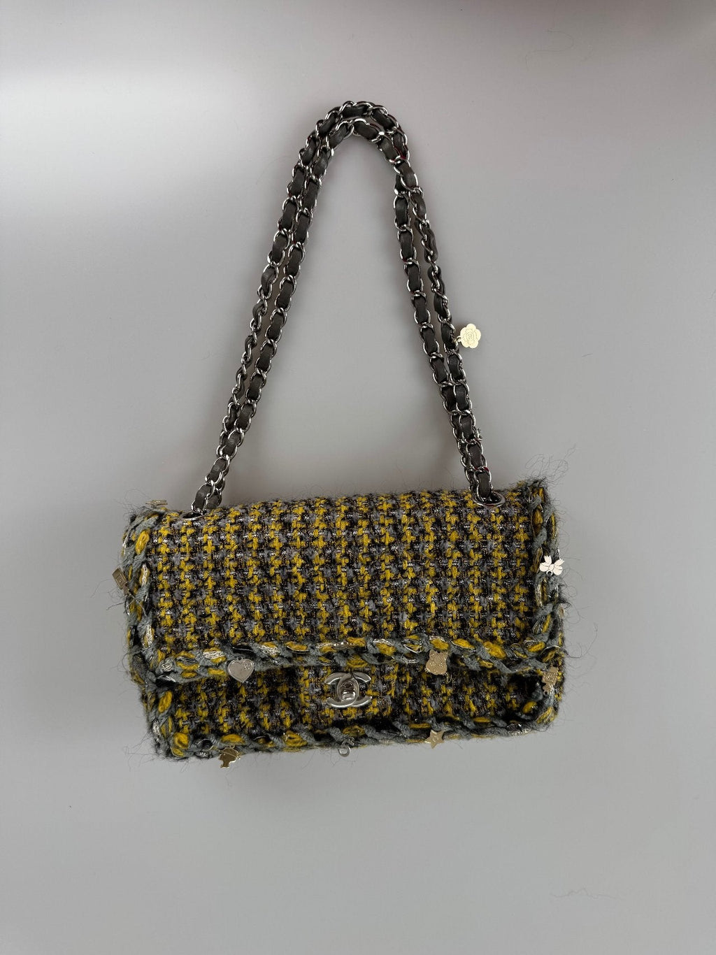 Chanel Tweed Braided Charms Medium Flap Bag Yellow Grey Black
