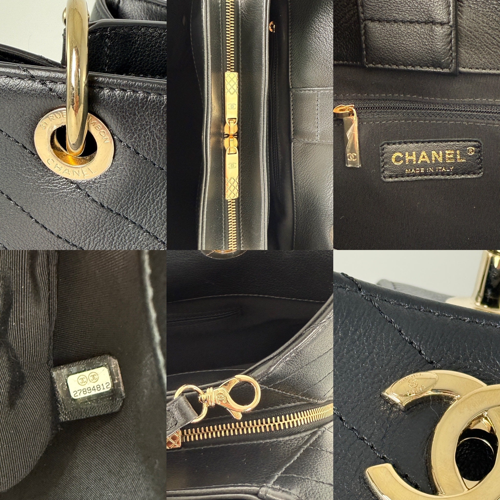 CHANEL Large Chevron Stitched Chic Shopping Black Calfskin Leather Tote Bag
