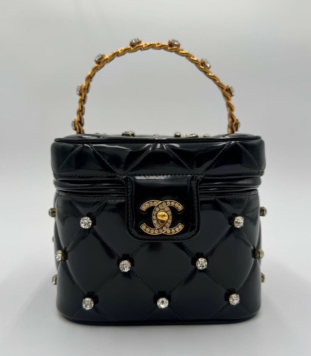 Chanel 1995 Vintage Barbie Black Rhinestone Heart-Mirror Vanity Case Bag