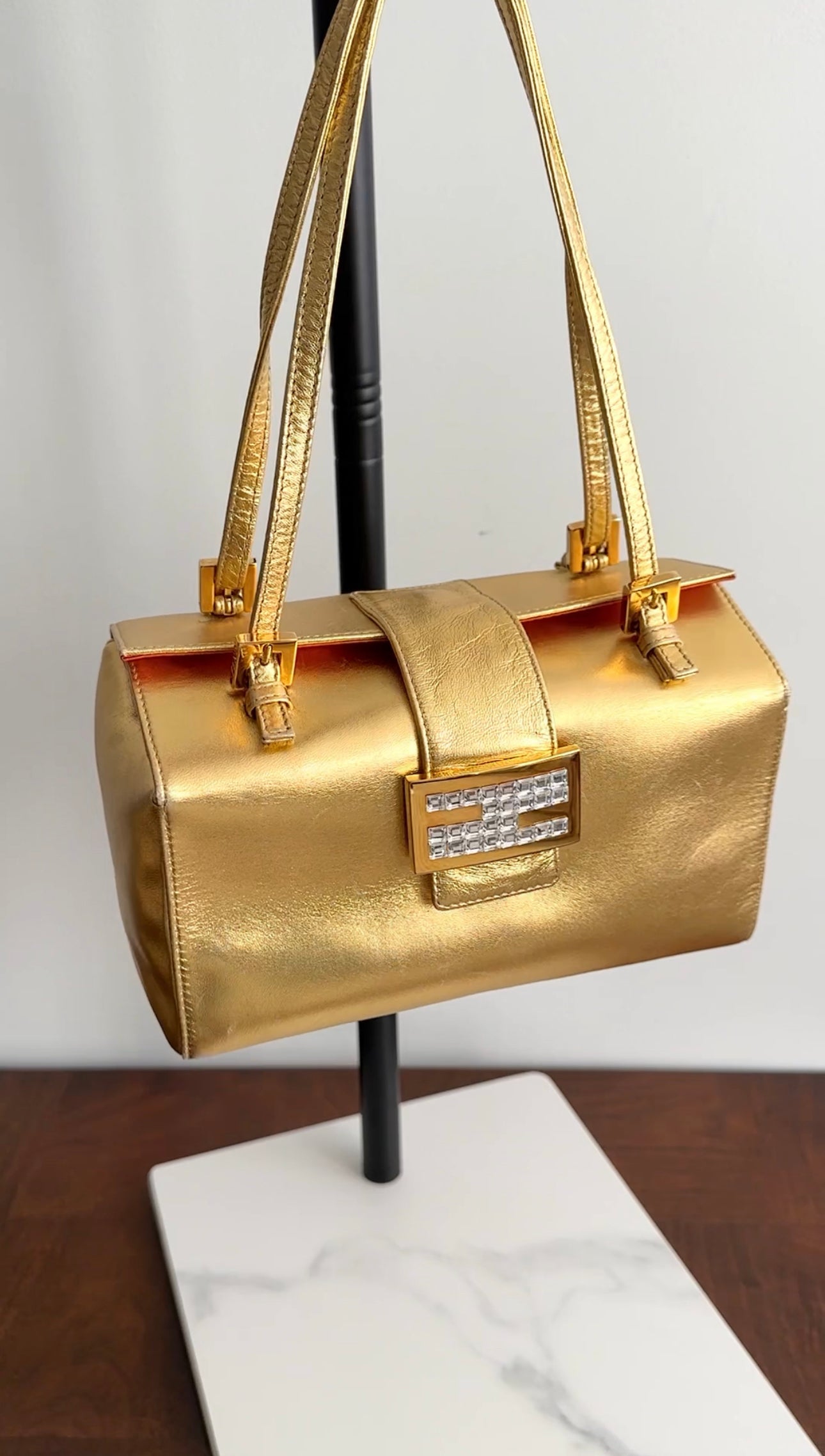 Fendi Vintage Late 1990's Gold Leather Crystal Baguette Box Bag
