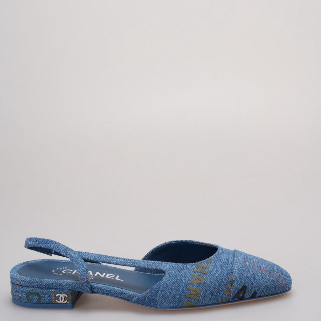 Chanel Denim Slingback Flats Cap Toe CC Light Blue Multicolor size 36.5