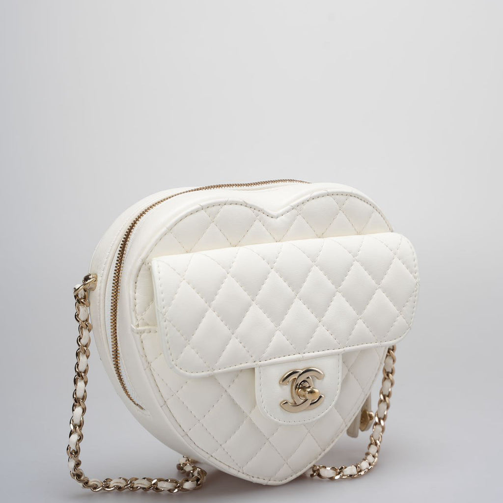 Chanel Big Heart Bag Lambskin Quilted CC In Love Clutch With Chain in White