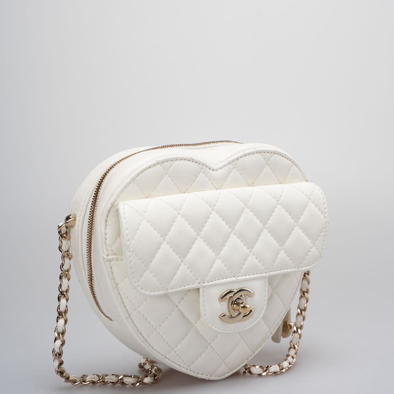 Chanel Big Heart Bag Lambskin Quilted CC In Love Clutch With Chain in White