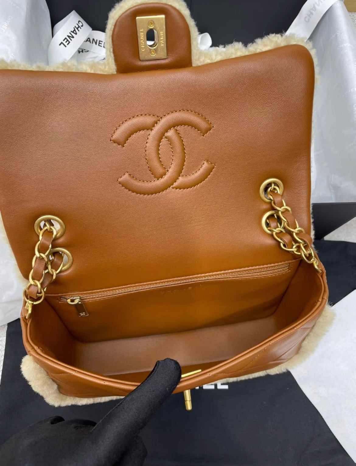 Chanel 24 FLAP BAG Shearling Lambskin & Gold-Tone Metal Beige & Brown