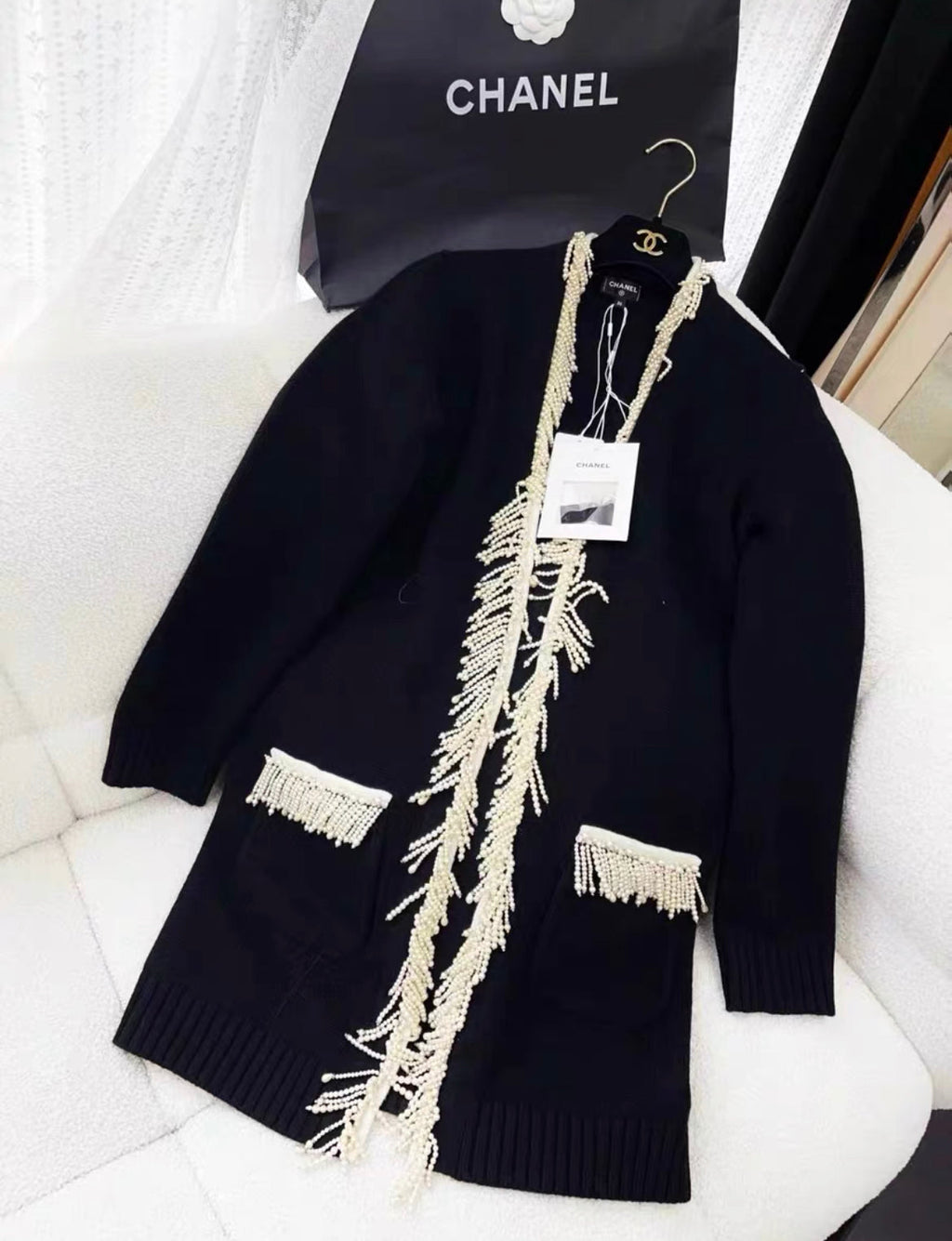 Chanel 21k Black & Ecru igan with Pearl fringe size 36