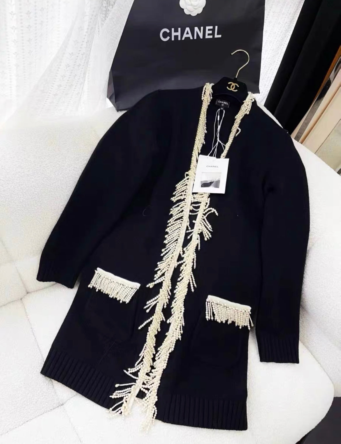 Chanel 21k Black & Ecru igan with Pearl fringe size 36