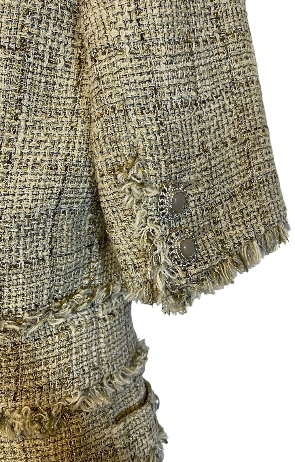 Chanel 10P Fantasy Tweed Beige Metallic Gold Jacket Skirt Suit Set FR 42/44