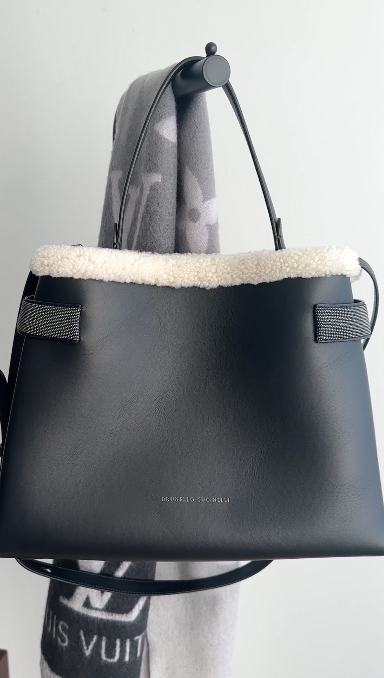 Brunello Cucinelli Black Leather Monili shearling Two Way Bag