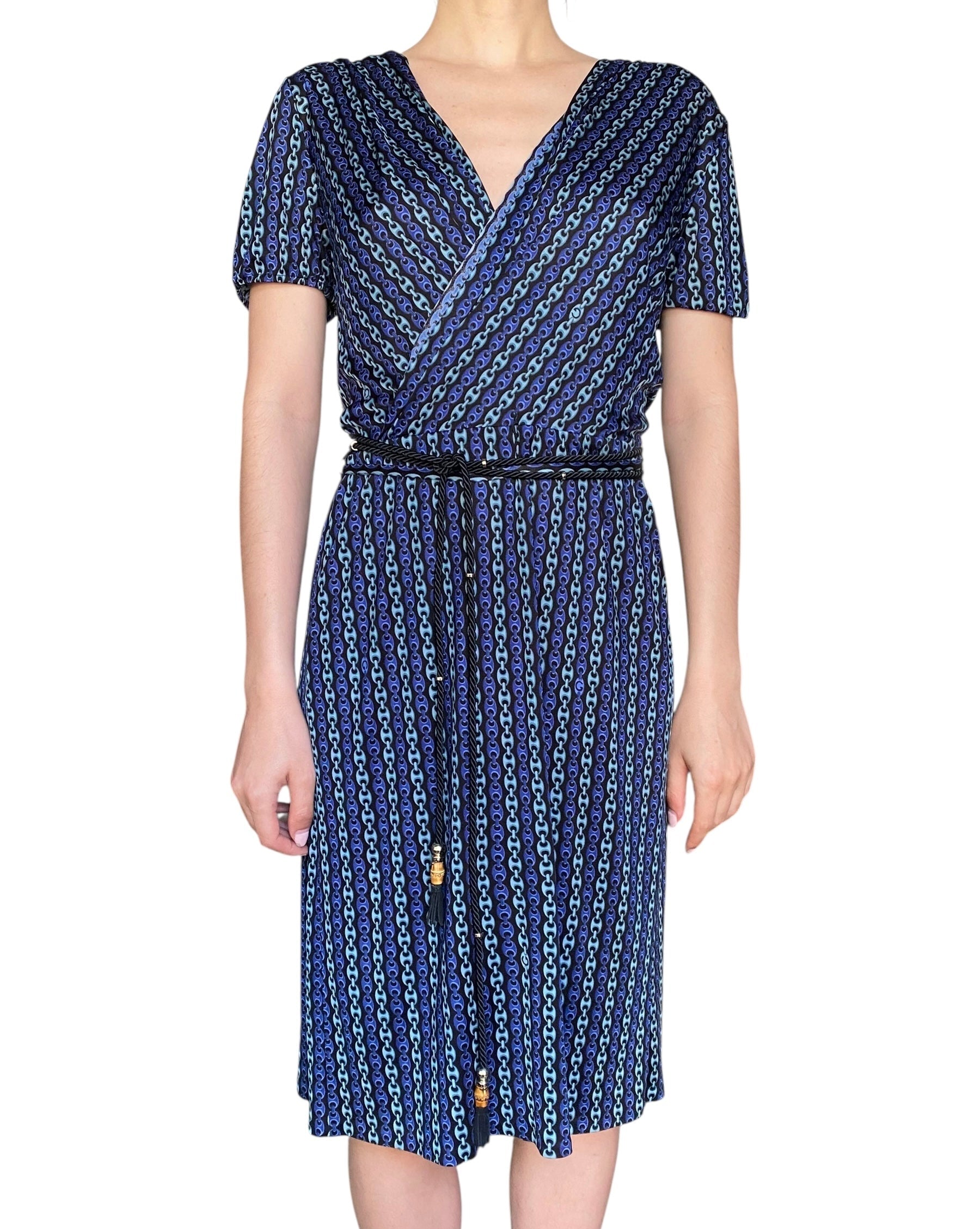 Gucci Tom Ford Blue Chain Link Printed Wrap Dress - L