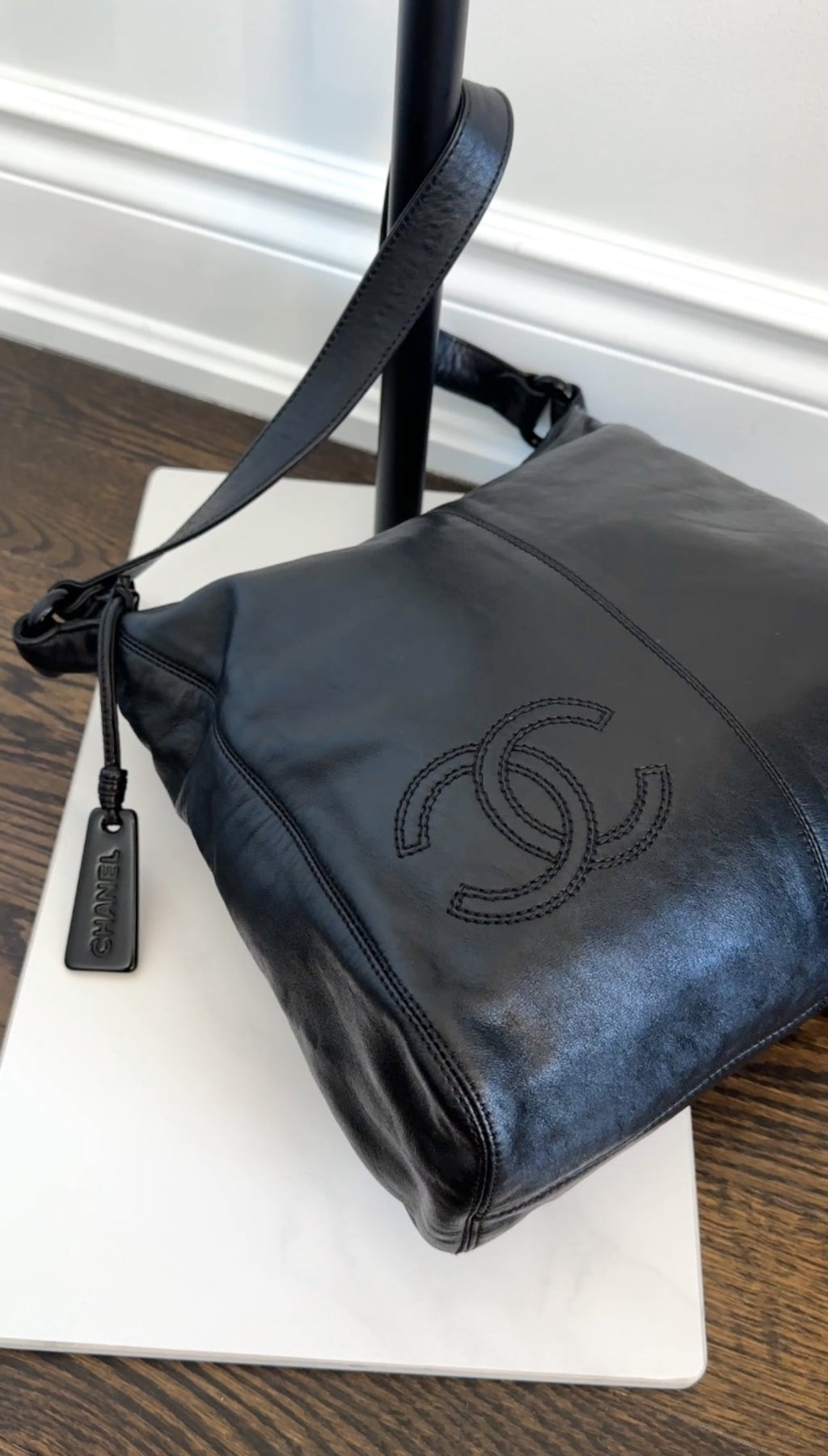 Chanel Vintage 1997 Black Leather CC Small Hobo Shoulder Bag