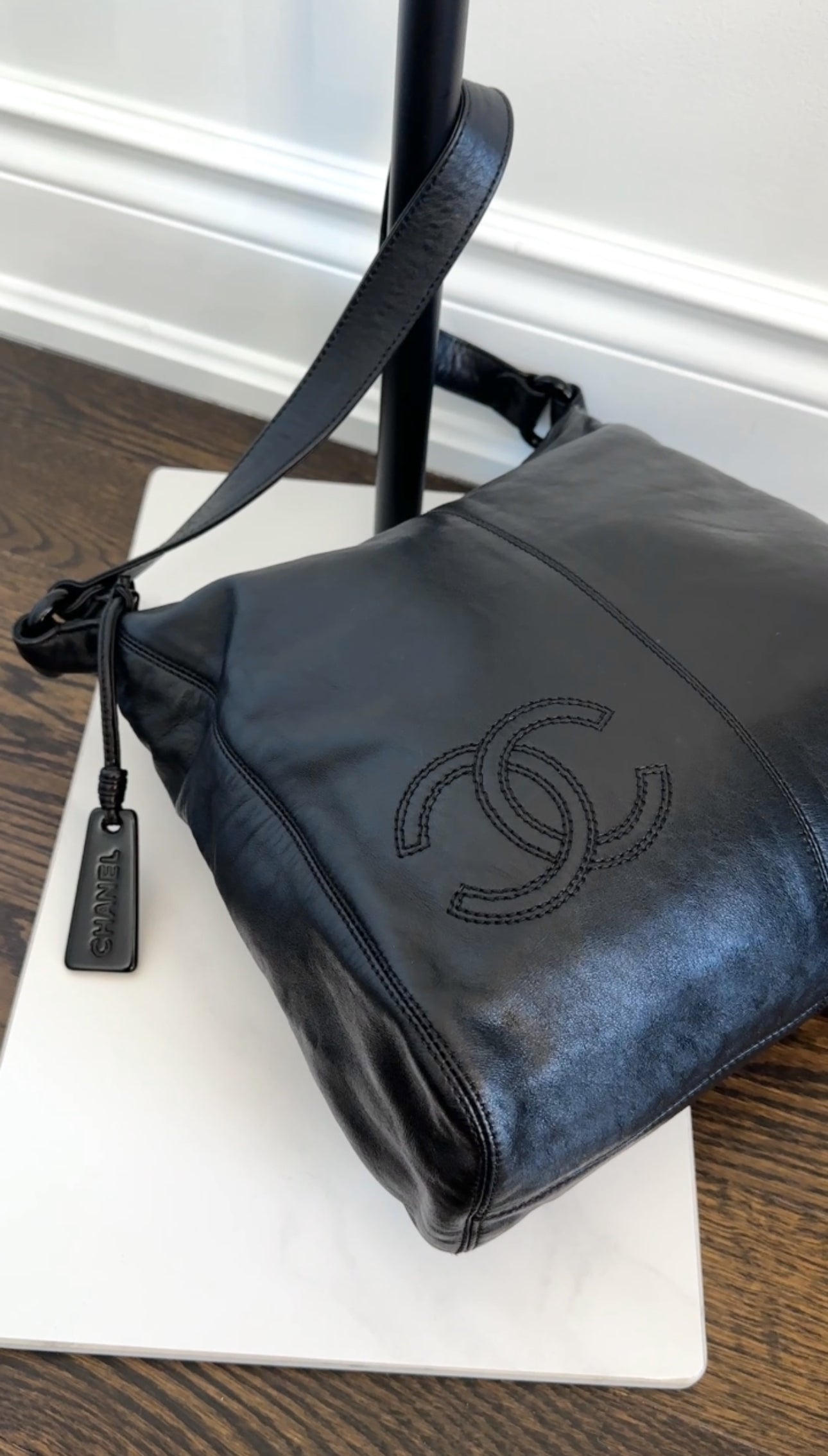Chanel Vintage 1997 Black Leather CC Small Hobo Shoulder Bag
