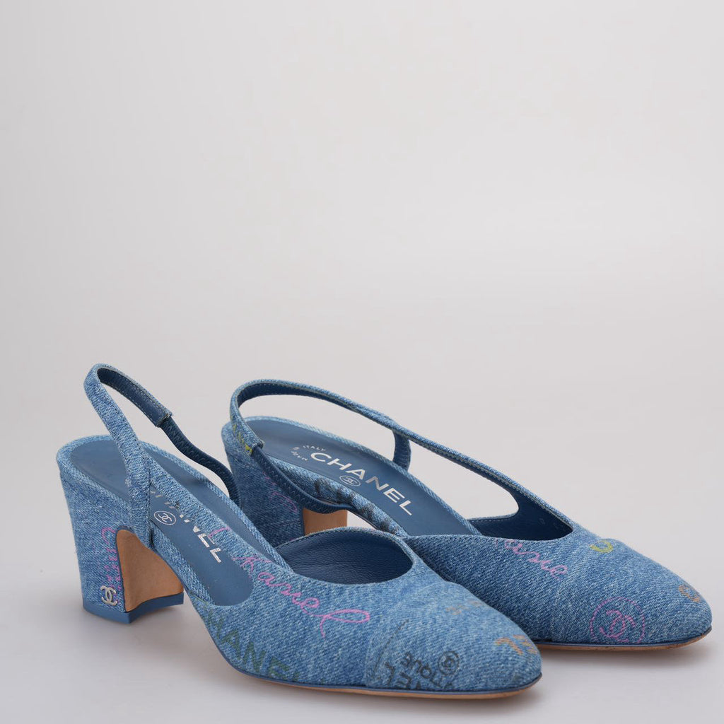 Chanel Denim Cap Toe CC Slingback Pumps Light Blue & Multicolor 36.5