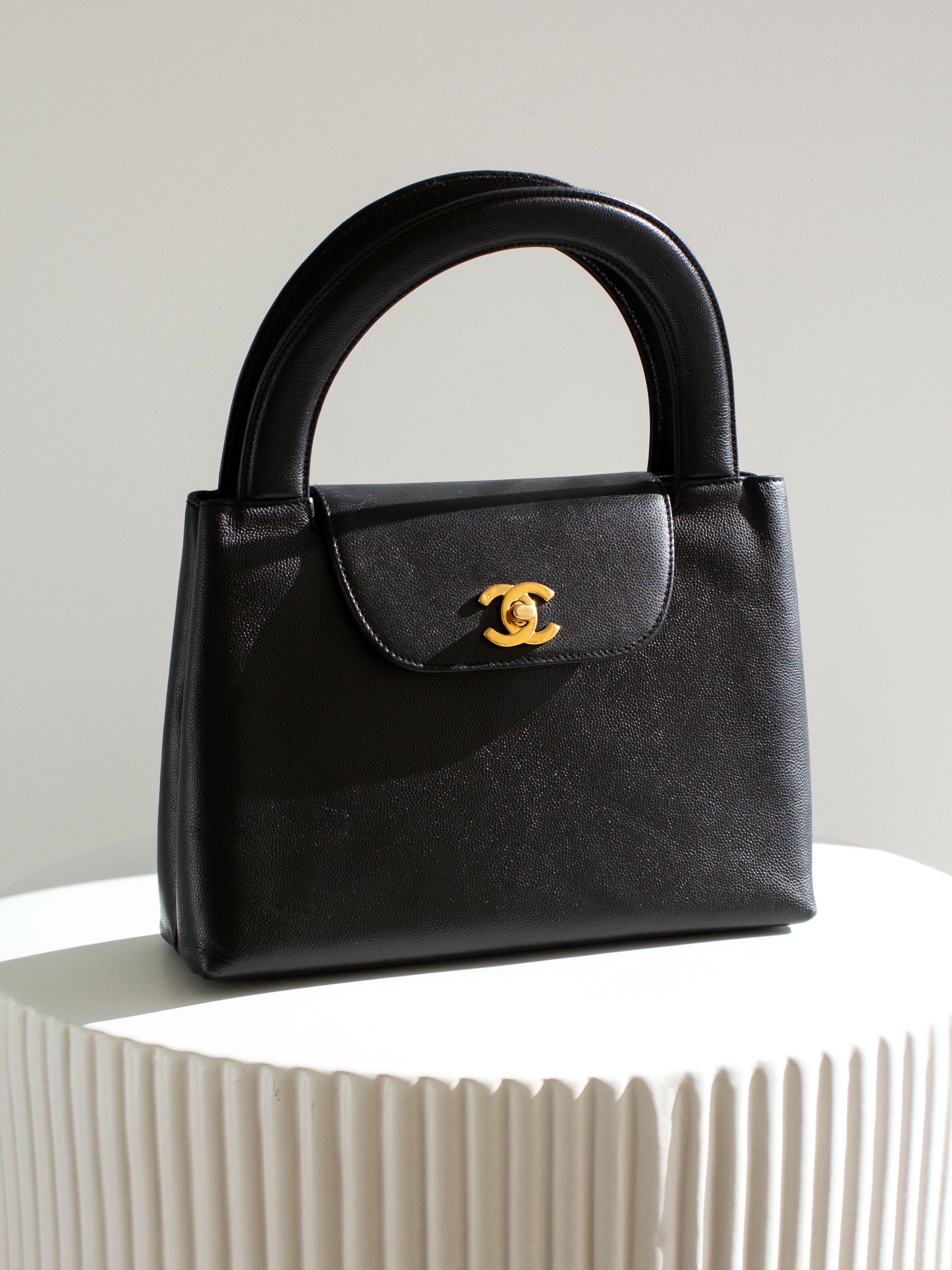 Chanel Vintage 1998 Kelly Black Caviar Leather 24K Gold Top Handle Bag