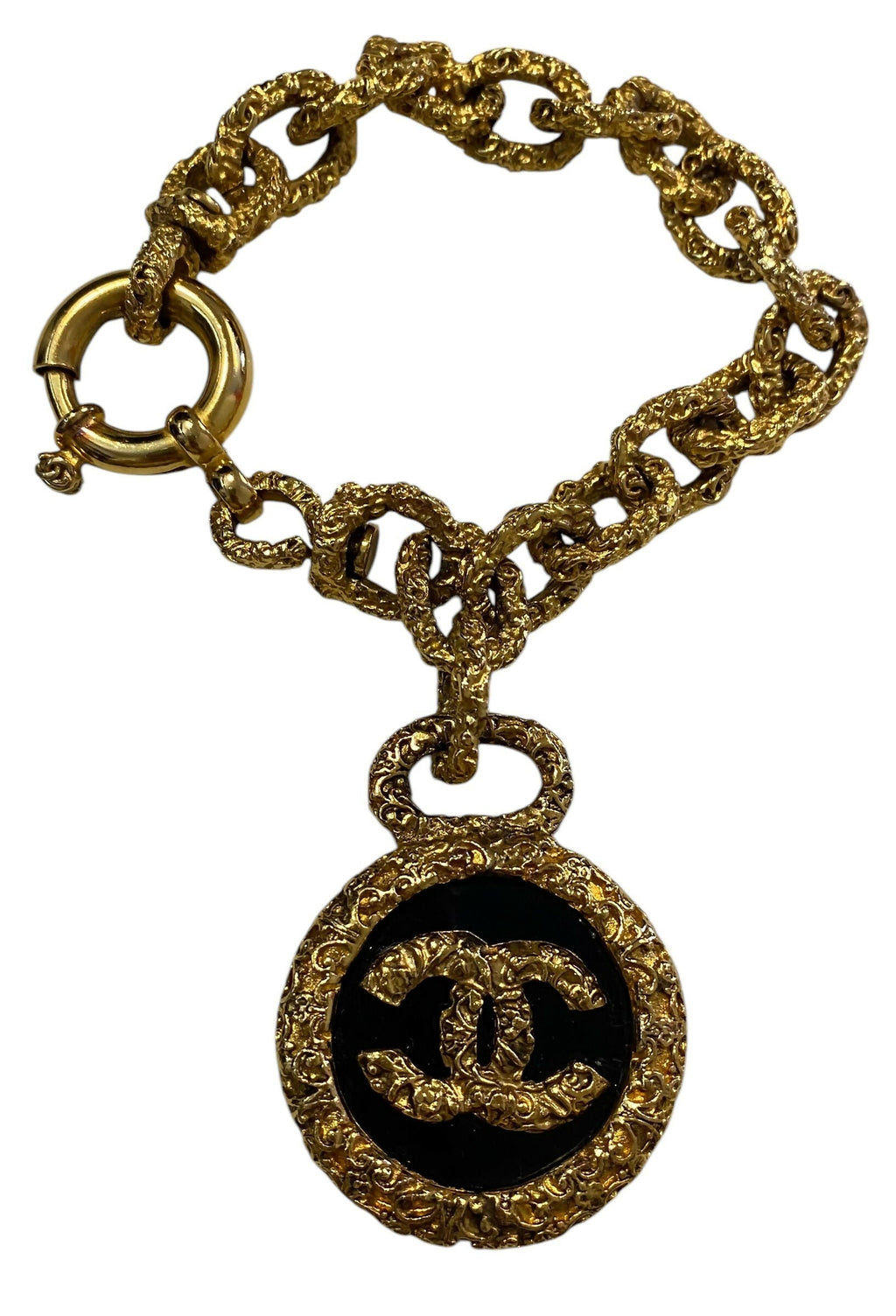 Chanel 93A Large Gold Metal Black Onyx Medallion CC Florentine Bracelet & Earrings SET