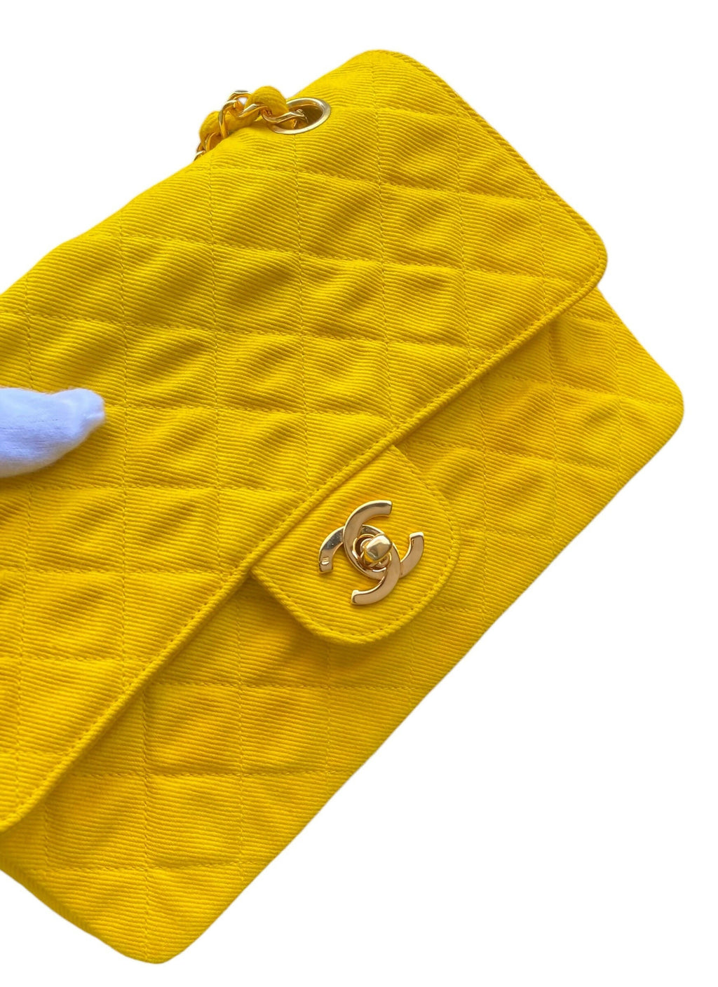 Vintage Chanel 90’s Yellow Denim Medium Classic Flap Bag 24K Gold Hardware
